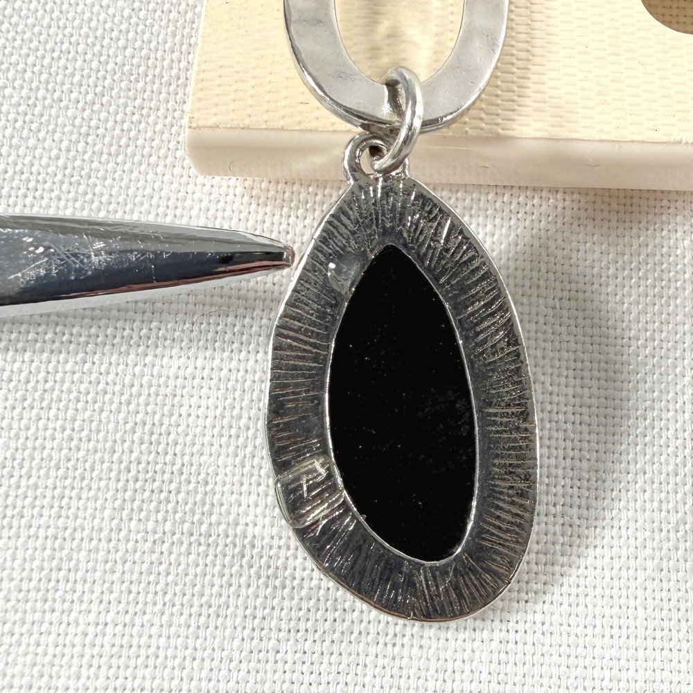 Black Teardrop Dangle Earrings Silver Tone Hammered Oval Boho Jewelry - Picture 4 of 5